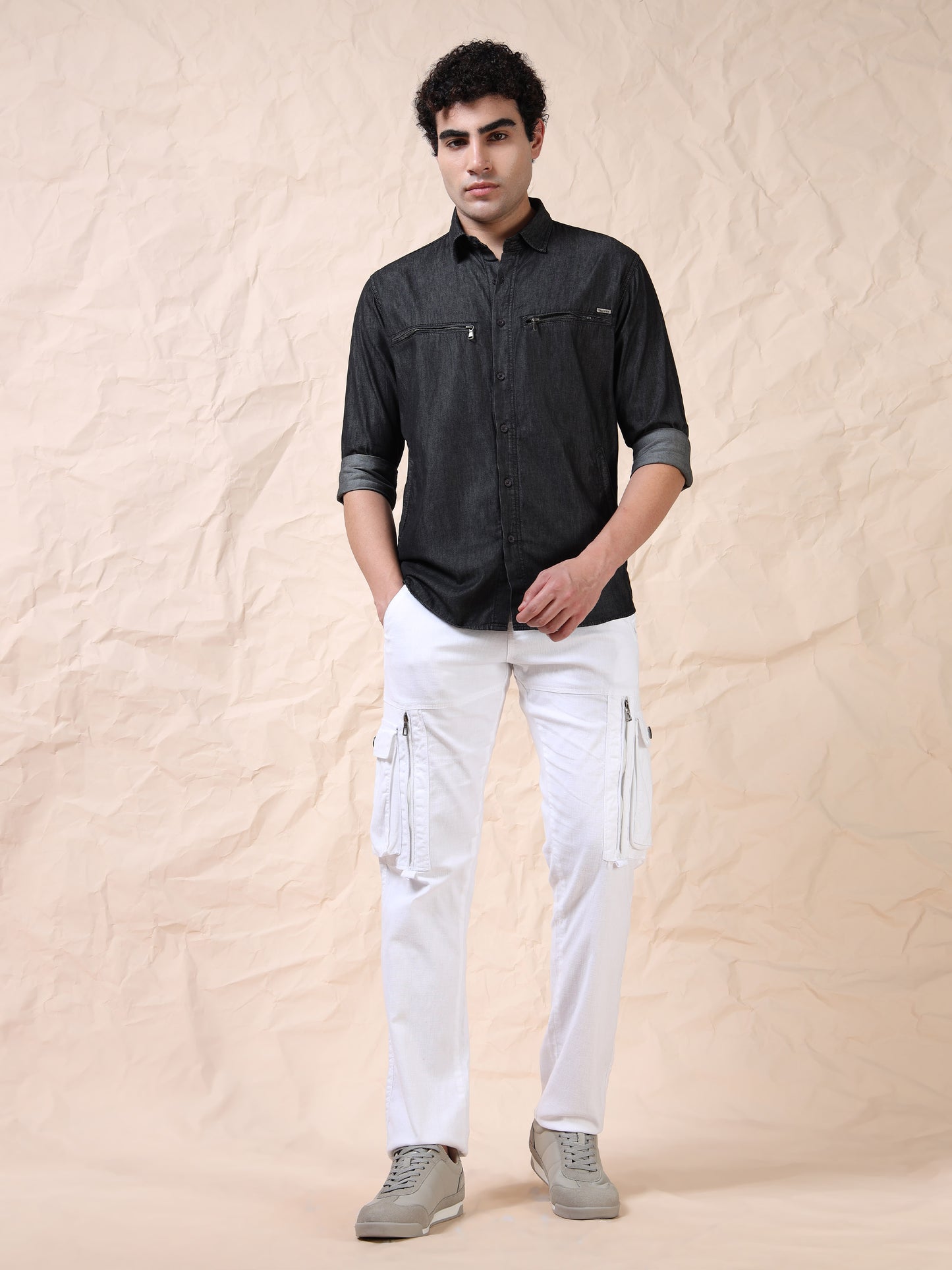 Double Pocket Solid Stretchable Black Denim Shirt