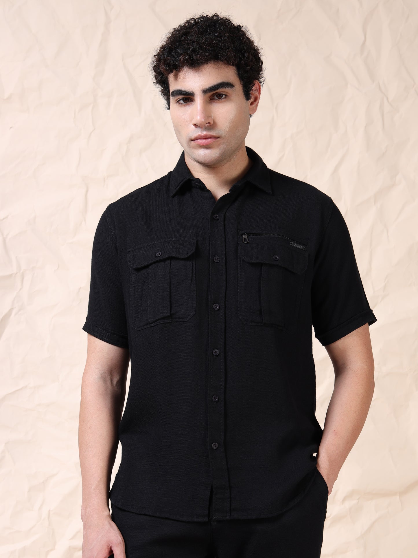 Multi Pocket Waffle Structured Solid Black Shirt