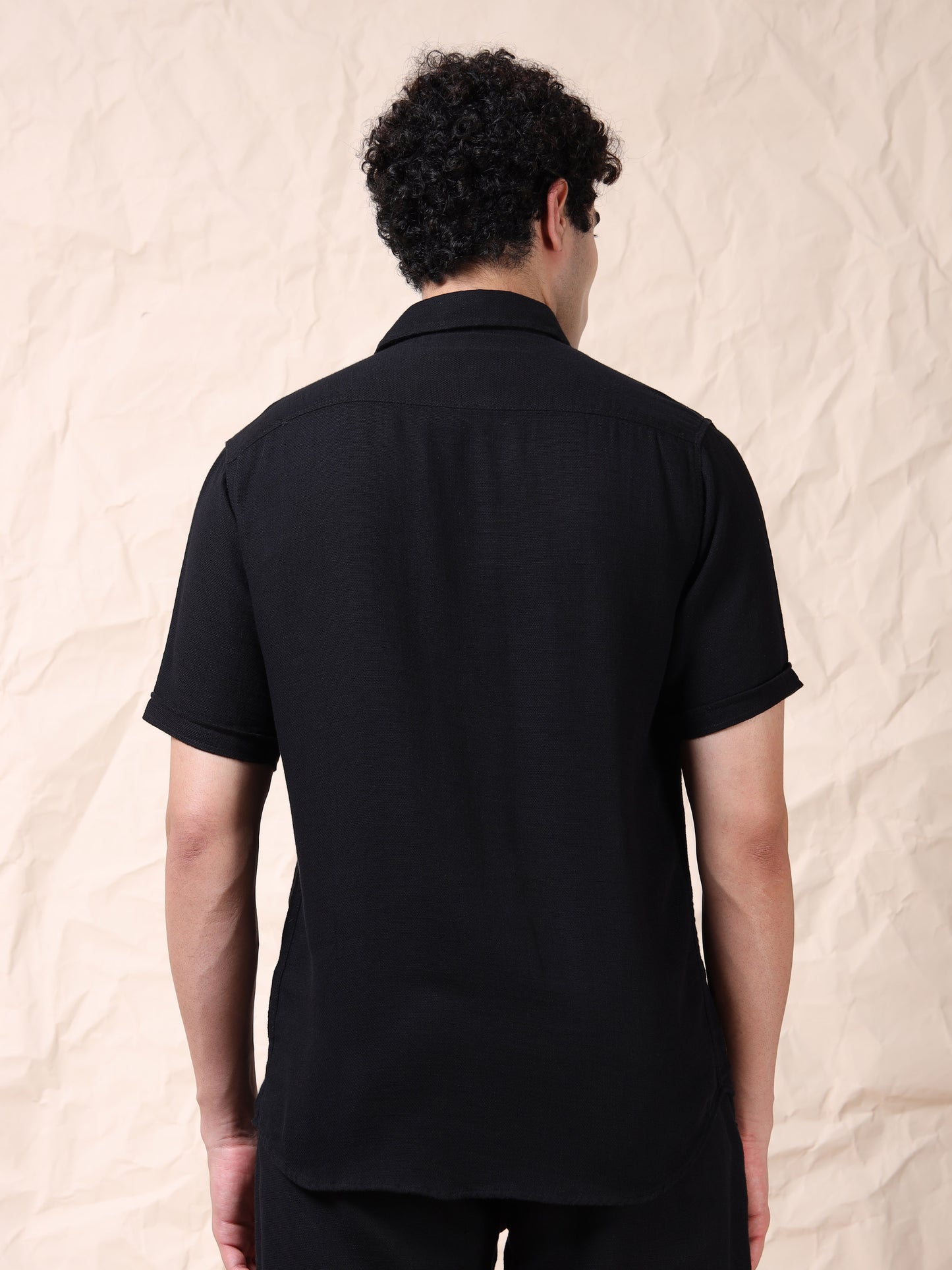 Multi Pocket Waffle Structured Solid Black Shirt