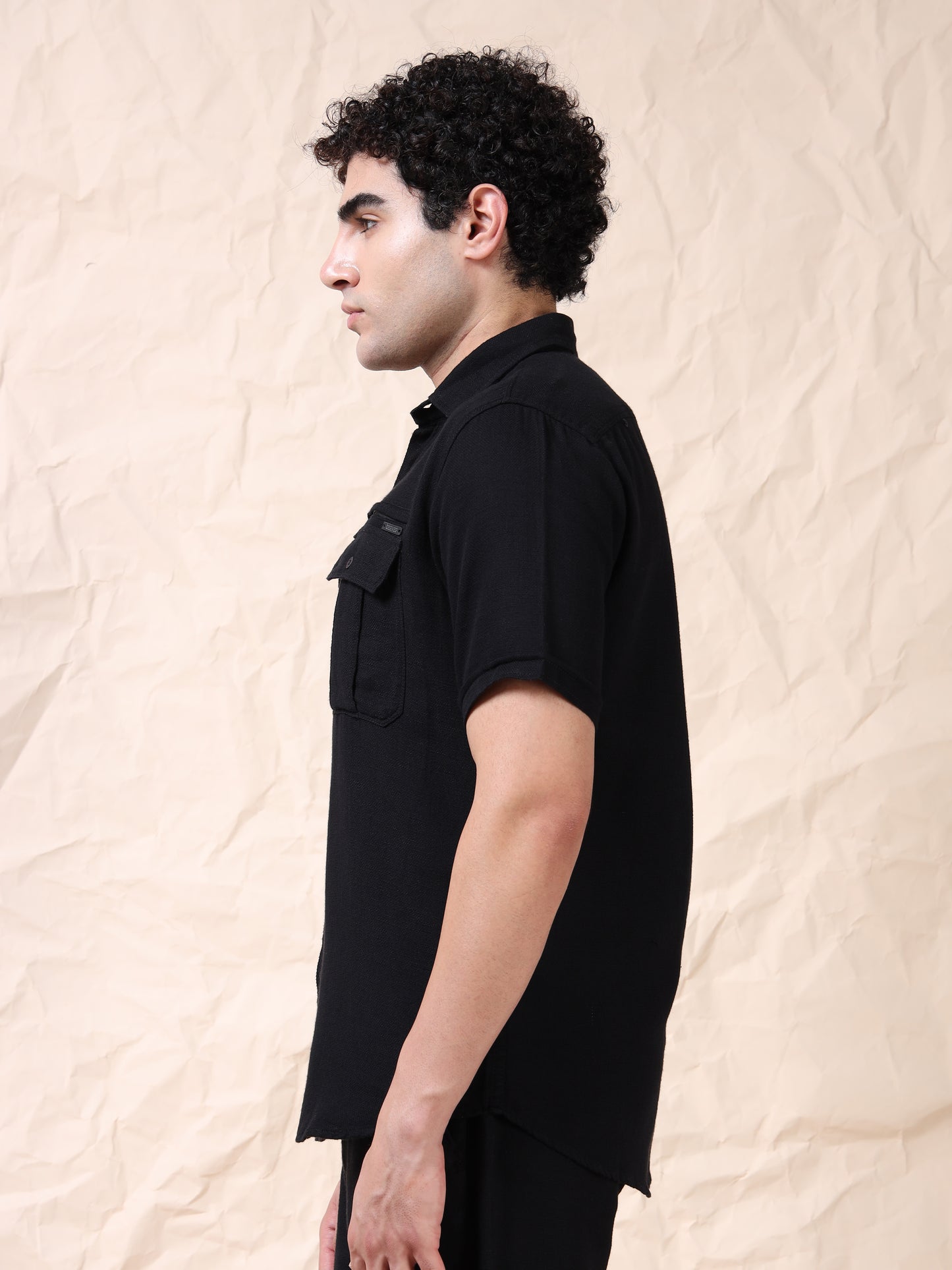 Multi Pocket Waffle Structured Solid Black Shirt