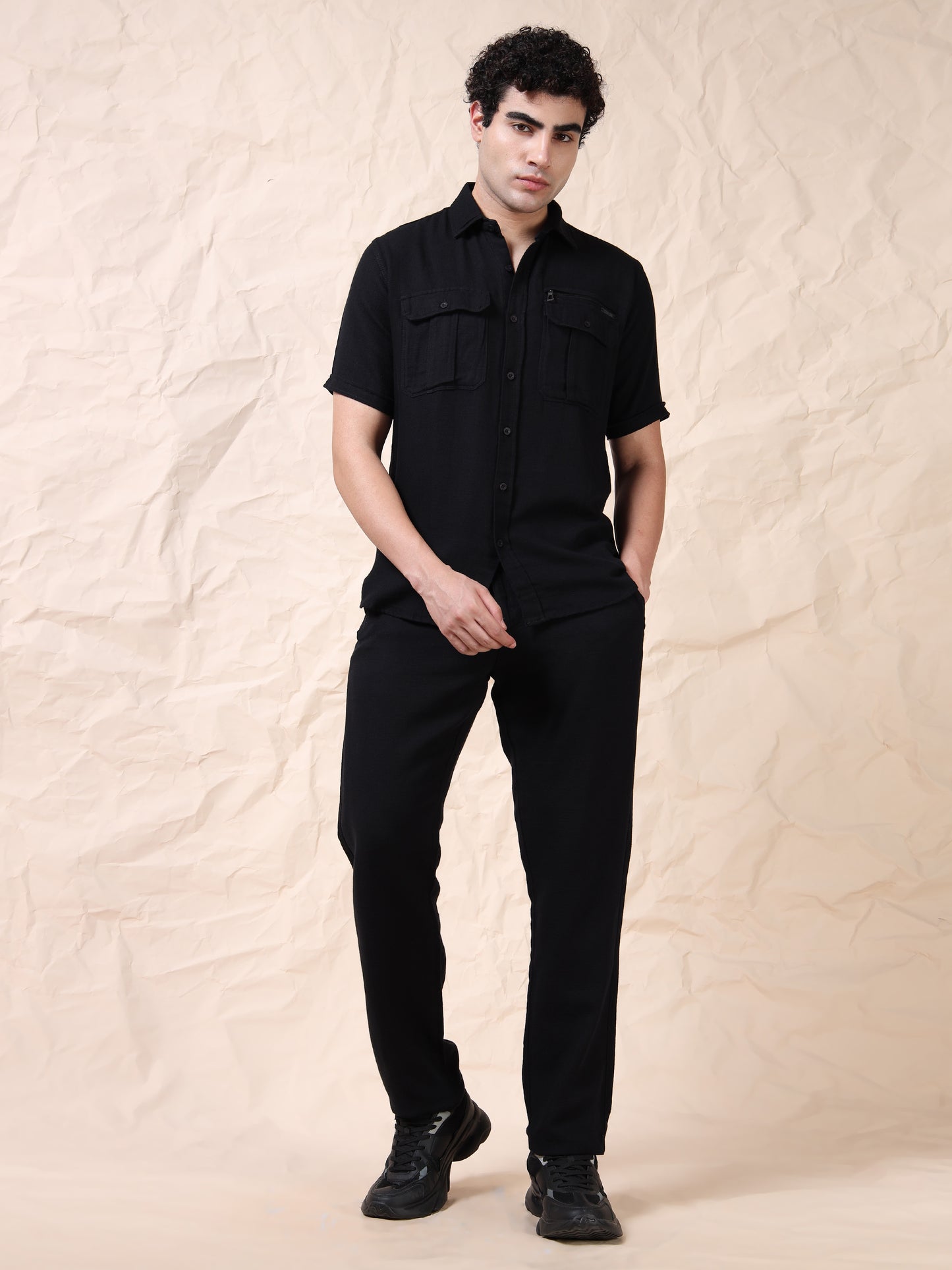 Multi Pocket Waffle Structured Solid Black Shirt