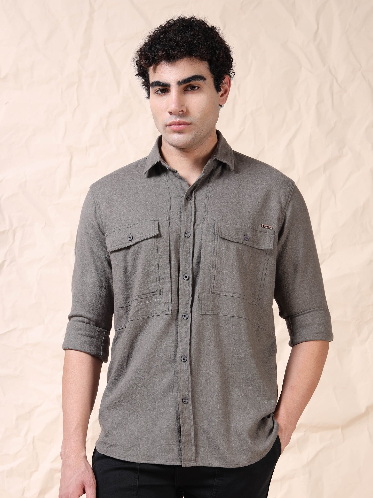 Full Sleeve Double Pocket Grey Shirt