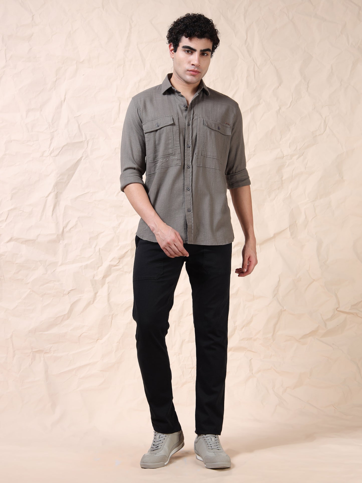Full Sleeve Double Pocket Grey Shirt