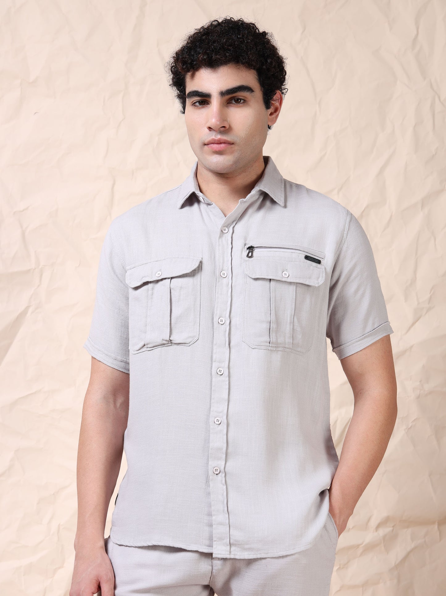 Multi Pocket Waffle Structure Solid Light Grey Shirt