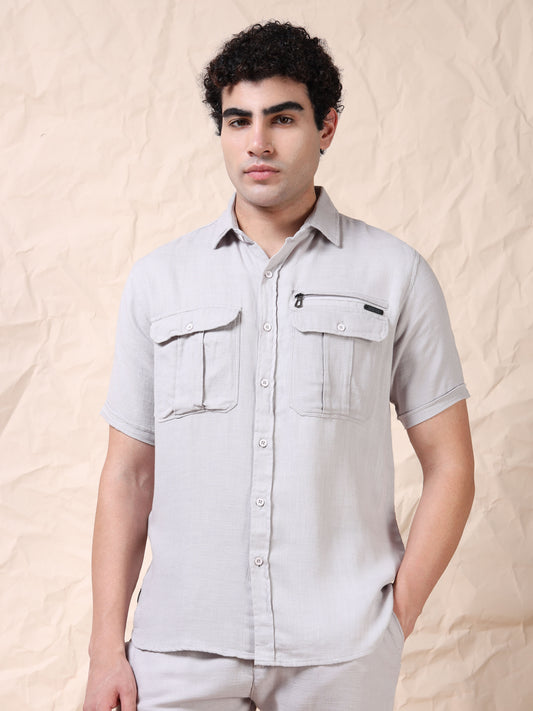 Multi Pocket Waffle Structure Solid Light Grey Shirt