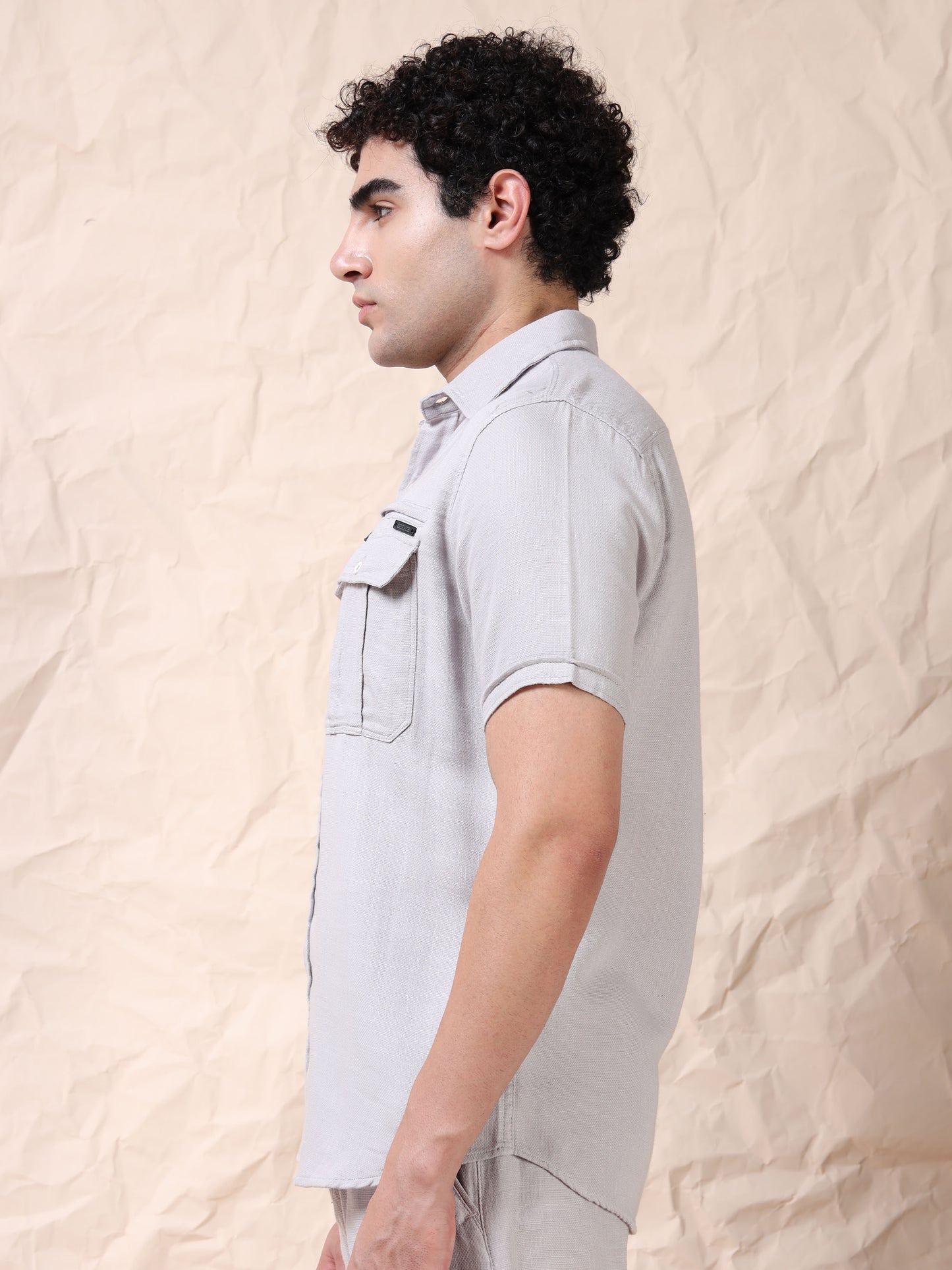 Multi Pocket Waffle Structure Solid Light Grey Shirt