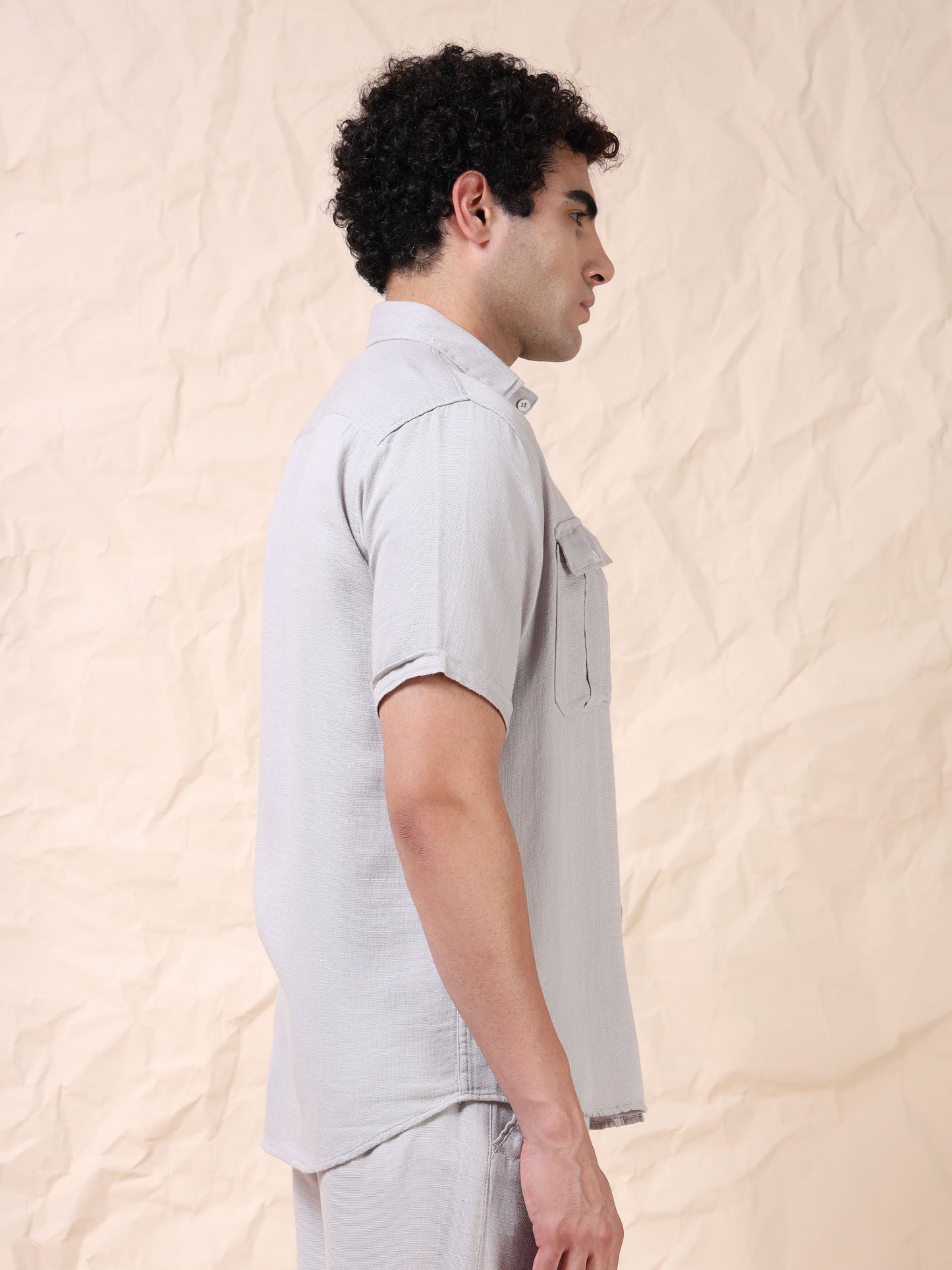 Multi Pocket Waffle Structure Solid Light Grey Shirt