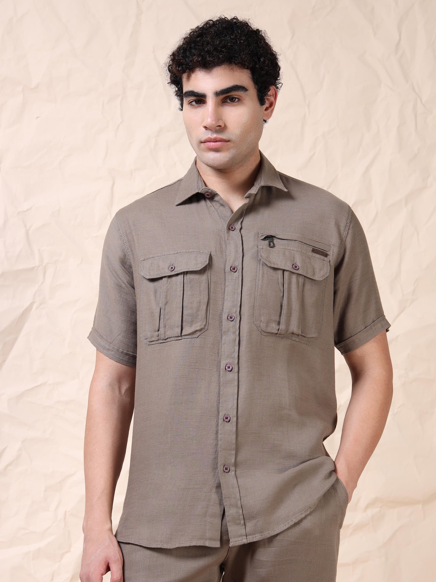 Multi Pocket Waffle Structured Solid Beige Shirt