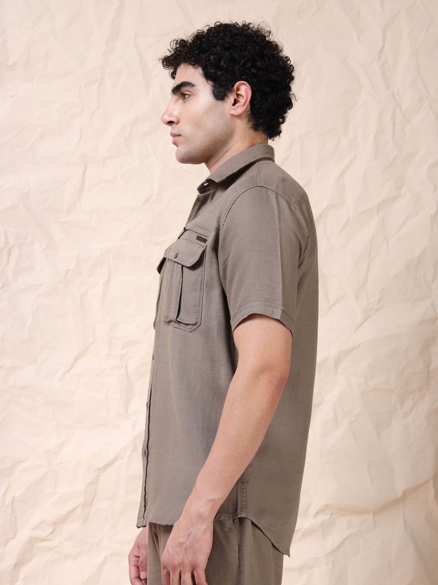 Multi Pocket Waffle Structured Solid Beige Shirt
