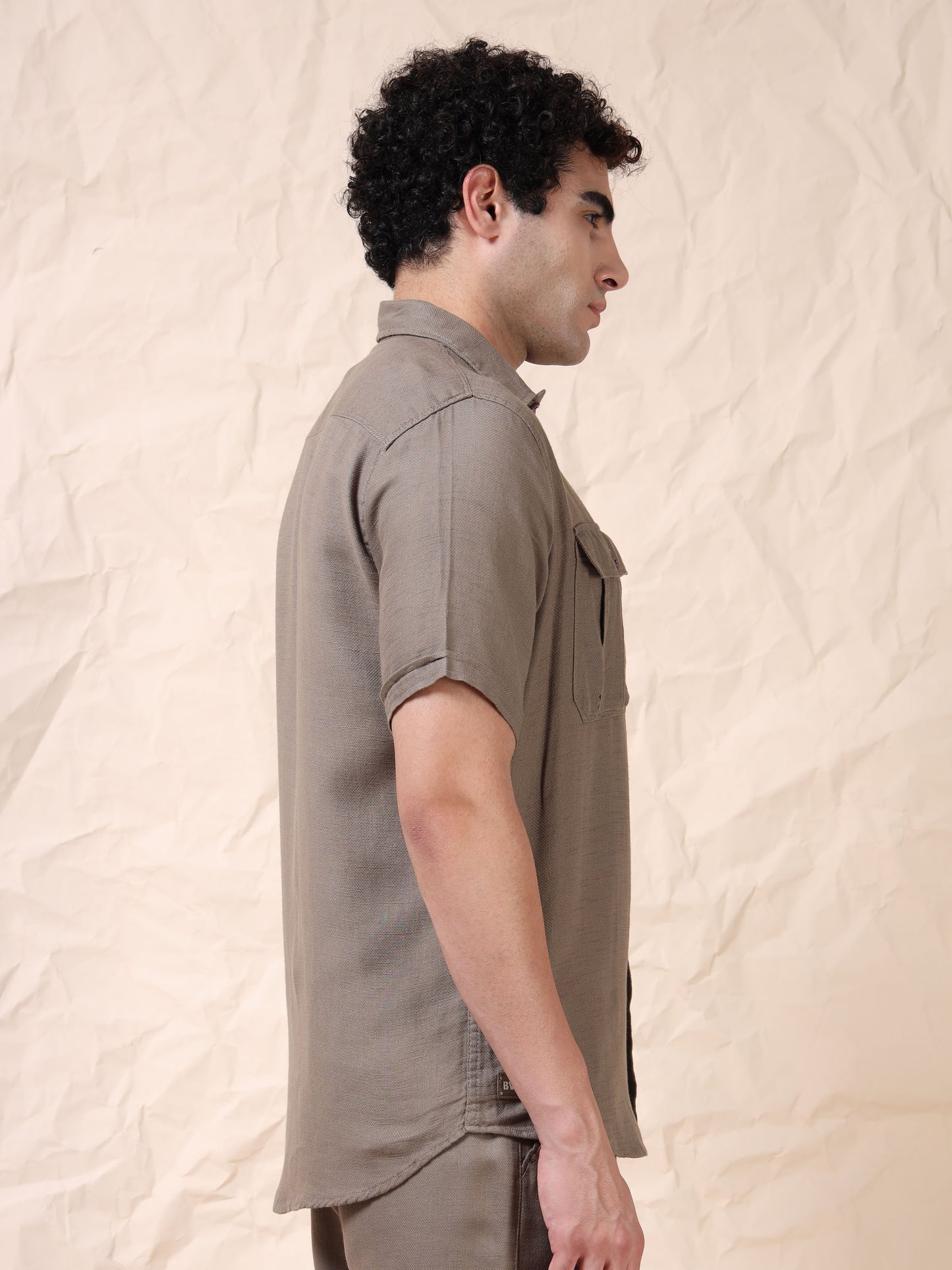 Multi Pocket Waffle Structured Solid Beige Shirt