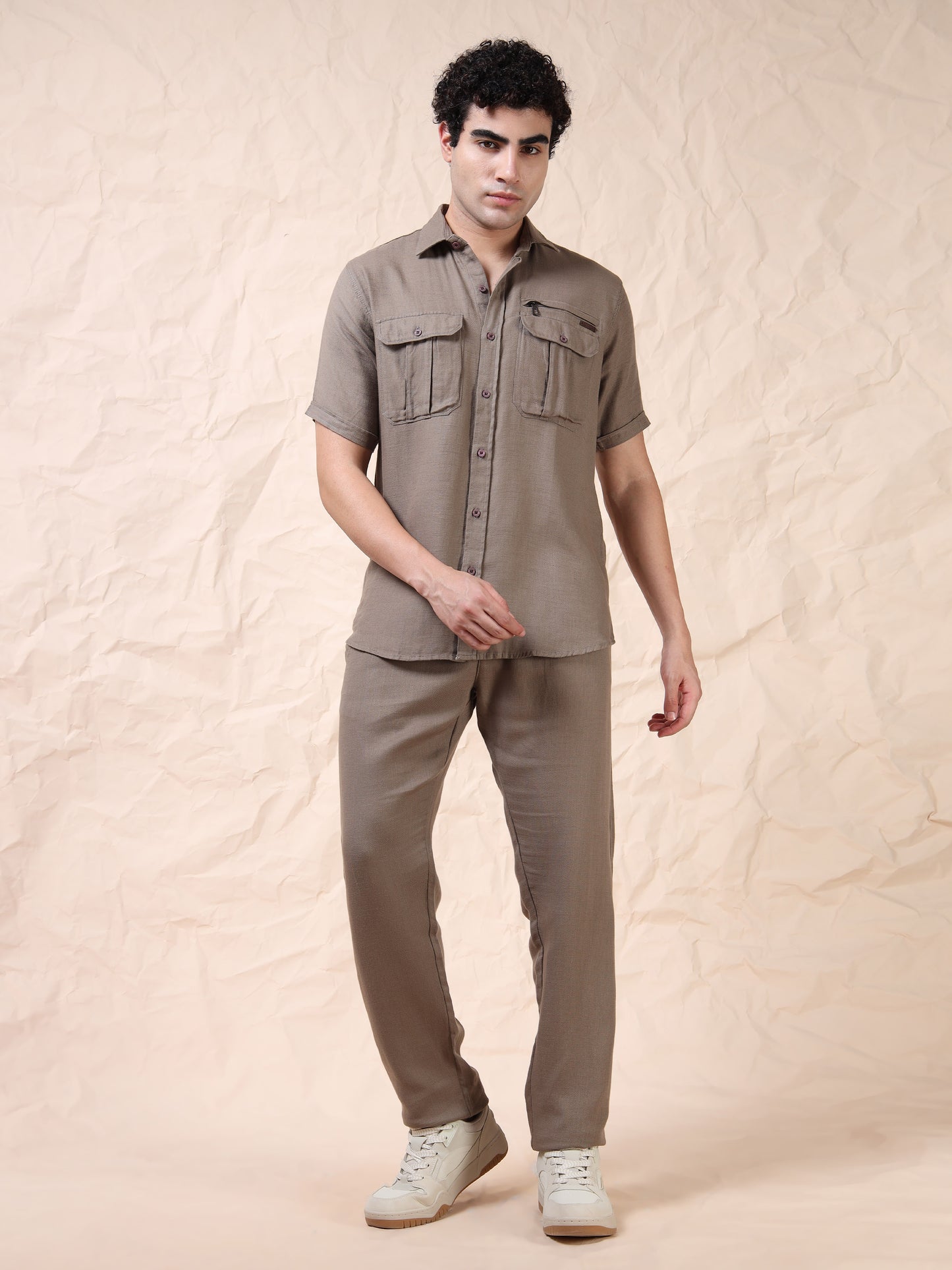 Multi Pocket Waffle Structured Solid Beige Shirt