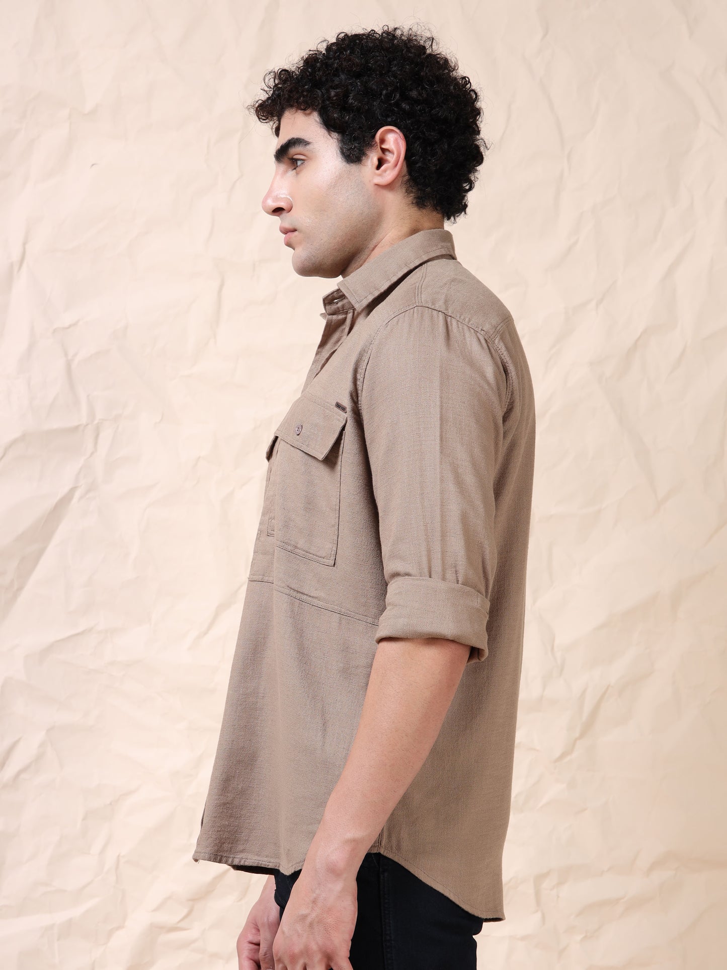 Full Sleeve Double Pocket Khaki Shirt