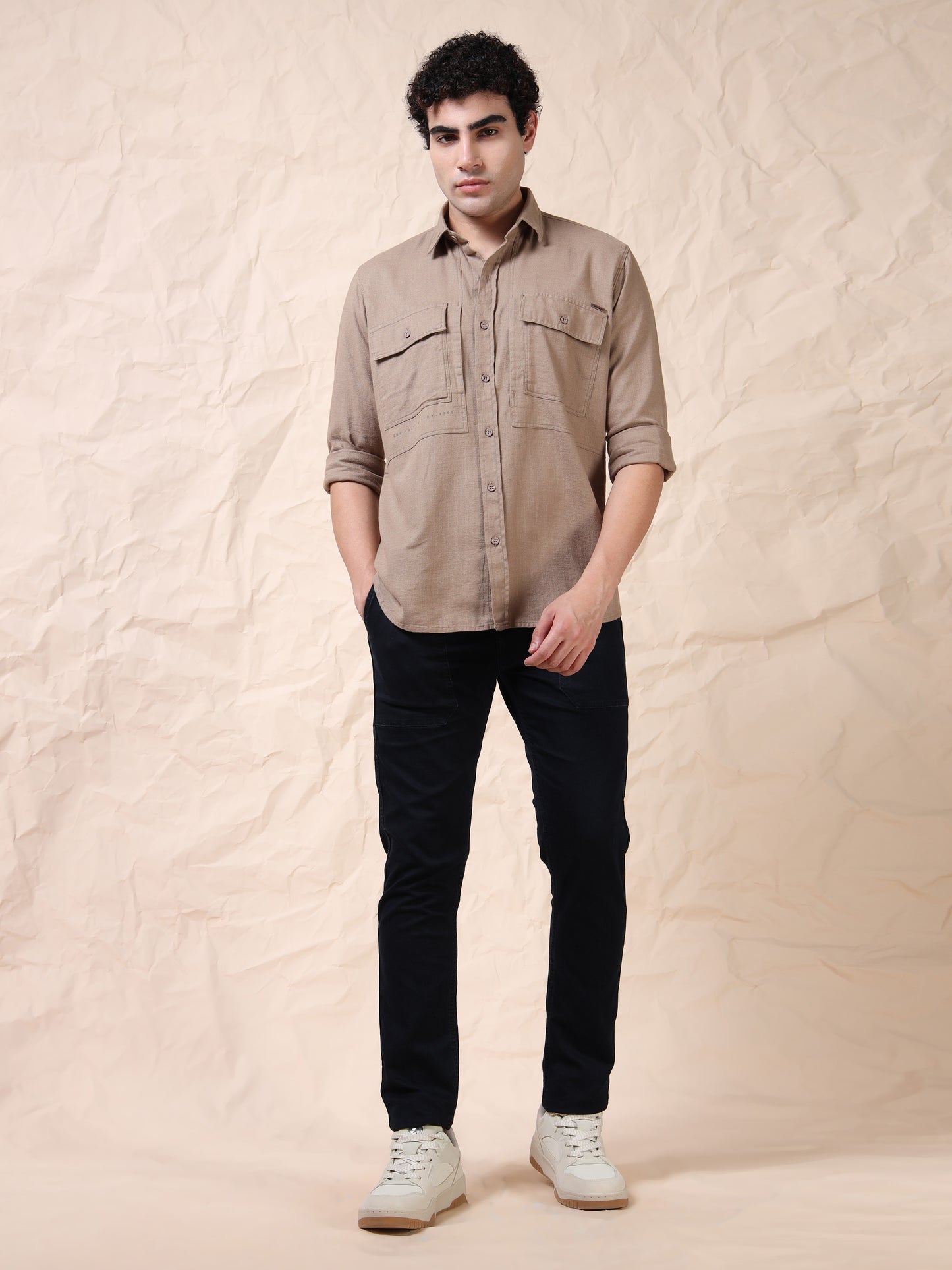 Full Sleeve Double Pocket Khaki Shirt