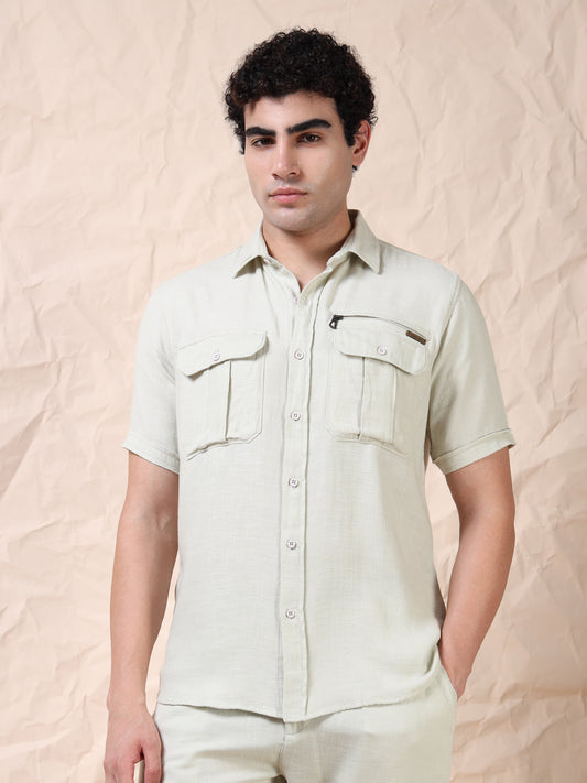 Multi Pocket Waffle Structured Pista Color Shirt