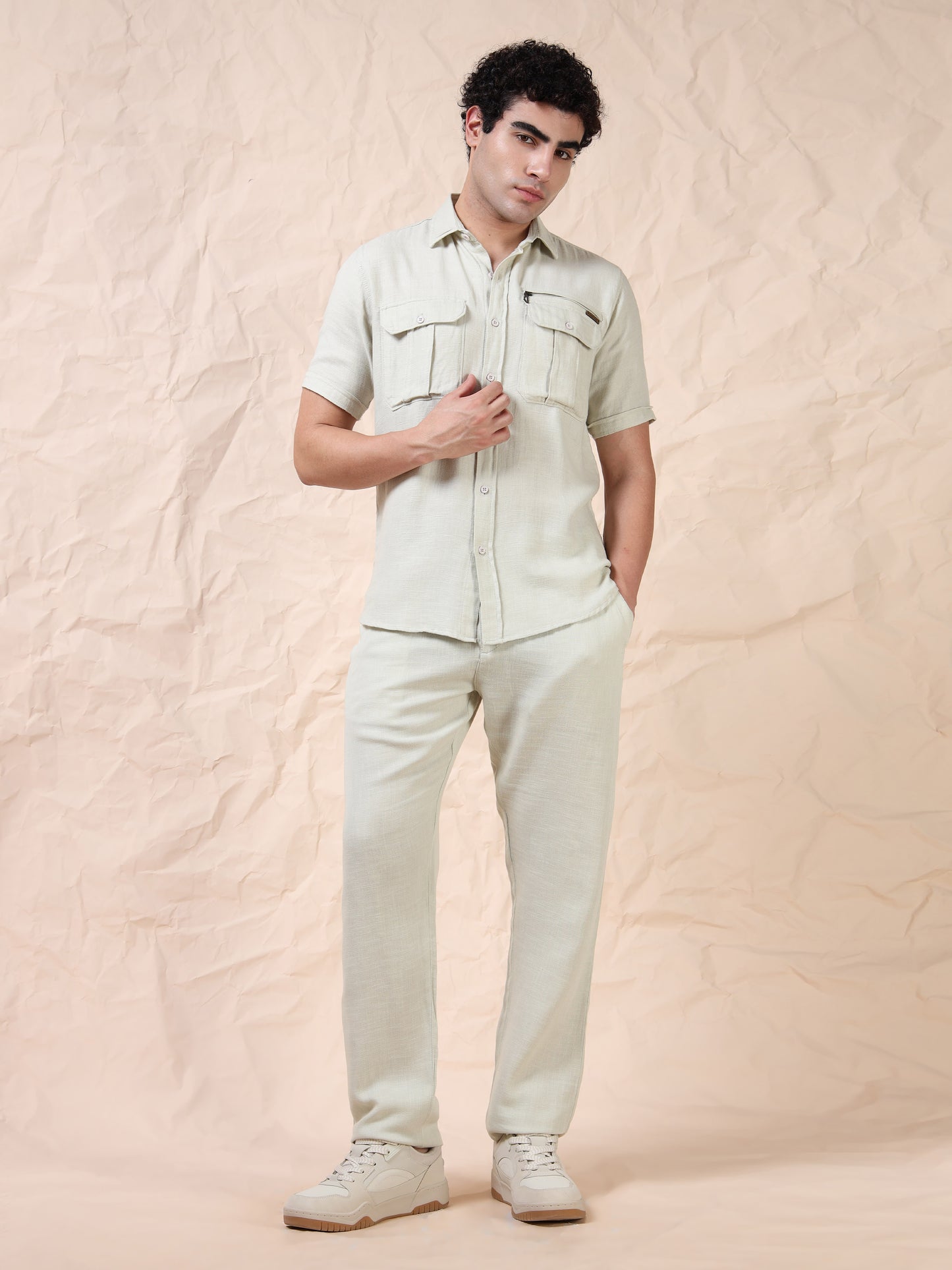 Multi Pocket Waffle Structured Pista Color Shirt