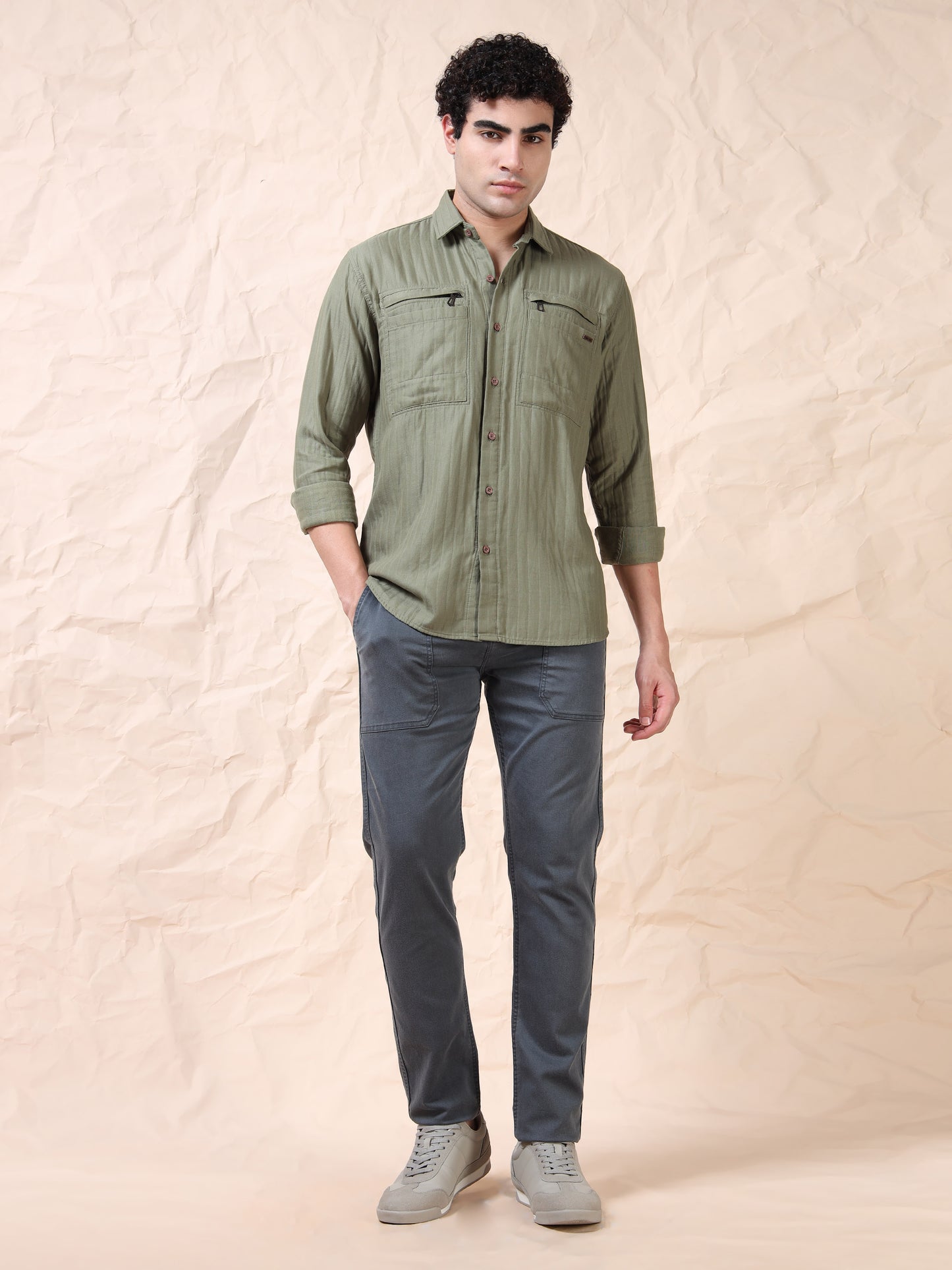 Full Sleeve Double Pocket Olive Shirt