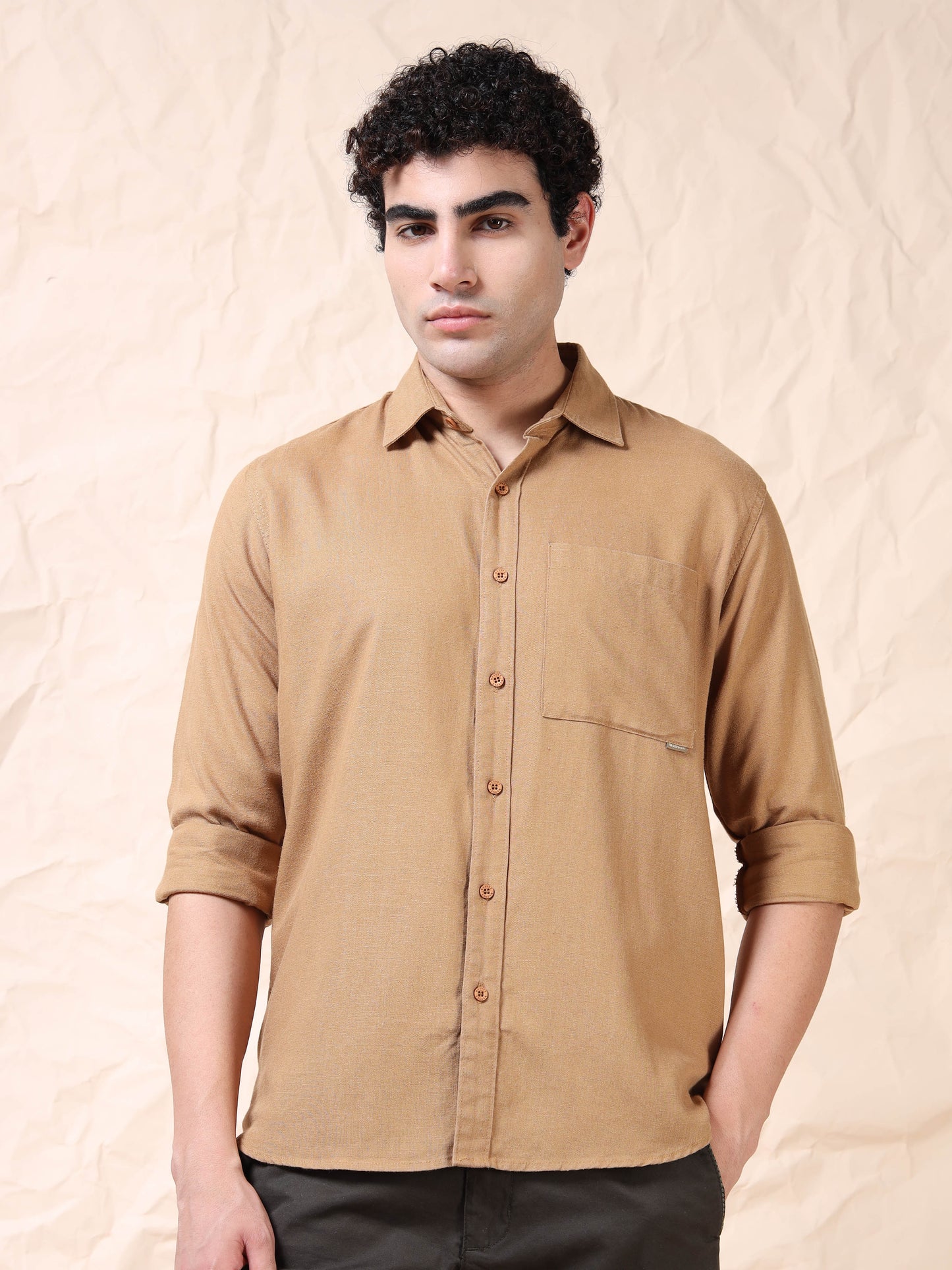 Full Sleeve Single Pocket Khaki Cotton Shirt