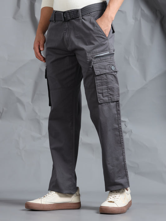 Men M Grey Cargo Pants With Belt