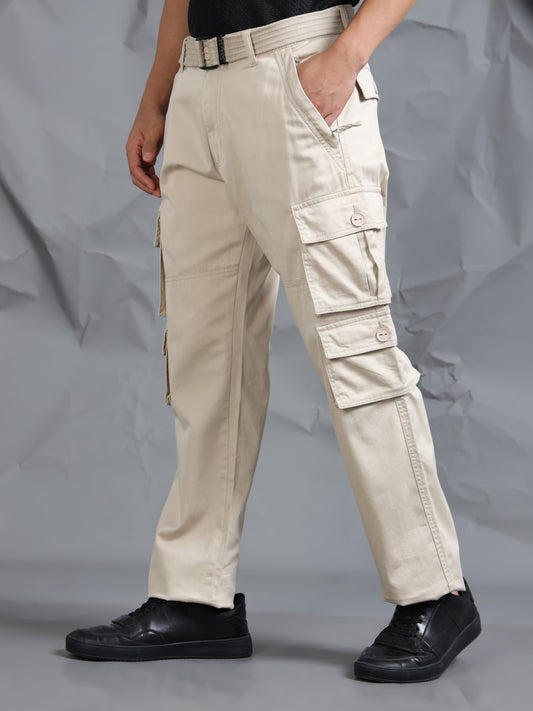 Men Sand Cargo Pocket Pants With Belt