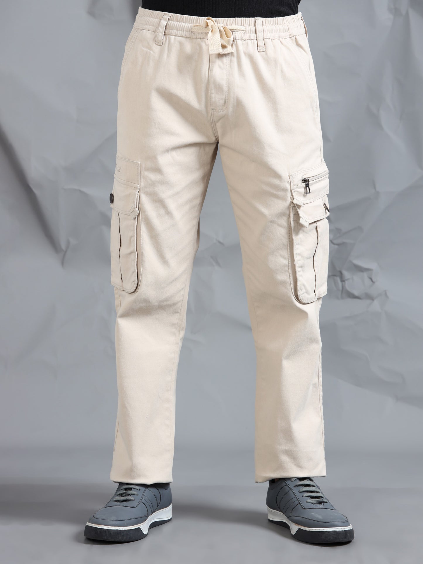 Cotton Lycra Sand  Mid Rise Cargo Pant with 7 Pockets  Drawstring Closure