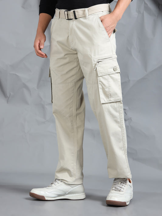 Men Beige Cargo Pants With Belt