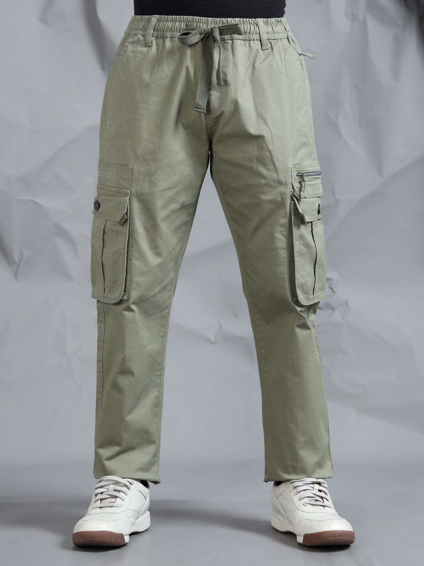 Cotton Lycra Green  Mid Rise Cargo Pant with 7 Pockets  Drawstring Closure