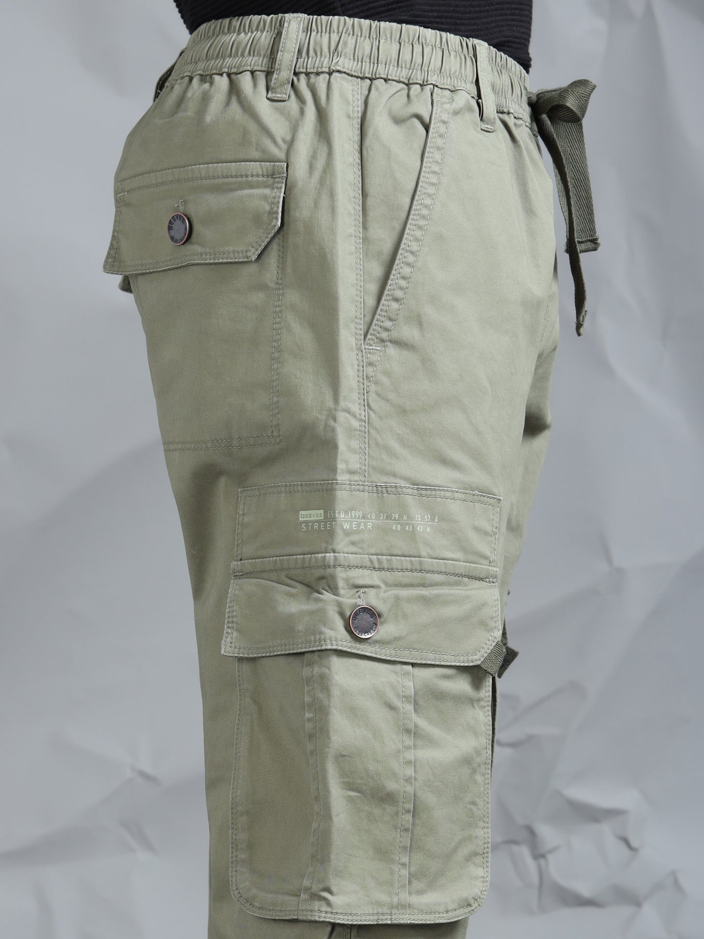 Cotton Lycra Green  Mid Rise Cargo Pant with 7 Pockets  Drawstring Closure