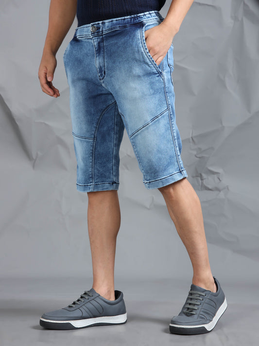 Light Blue Stretchable Cut & Sew Denim Shorts
