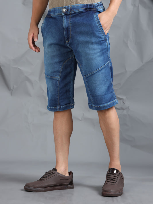 Dark Blue Stretchable Cut & Sew Denim Shorts