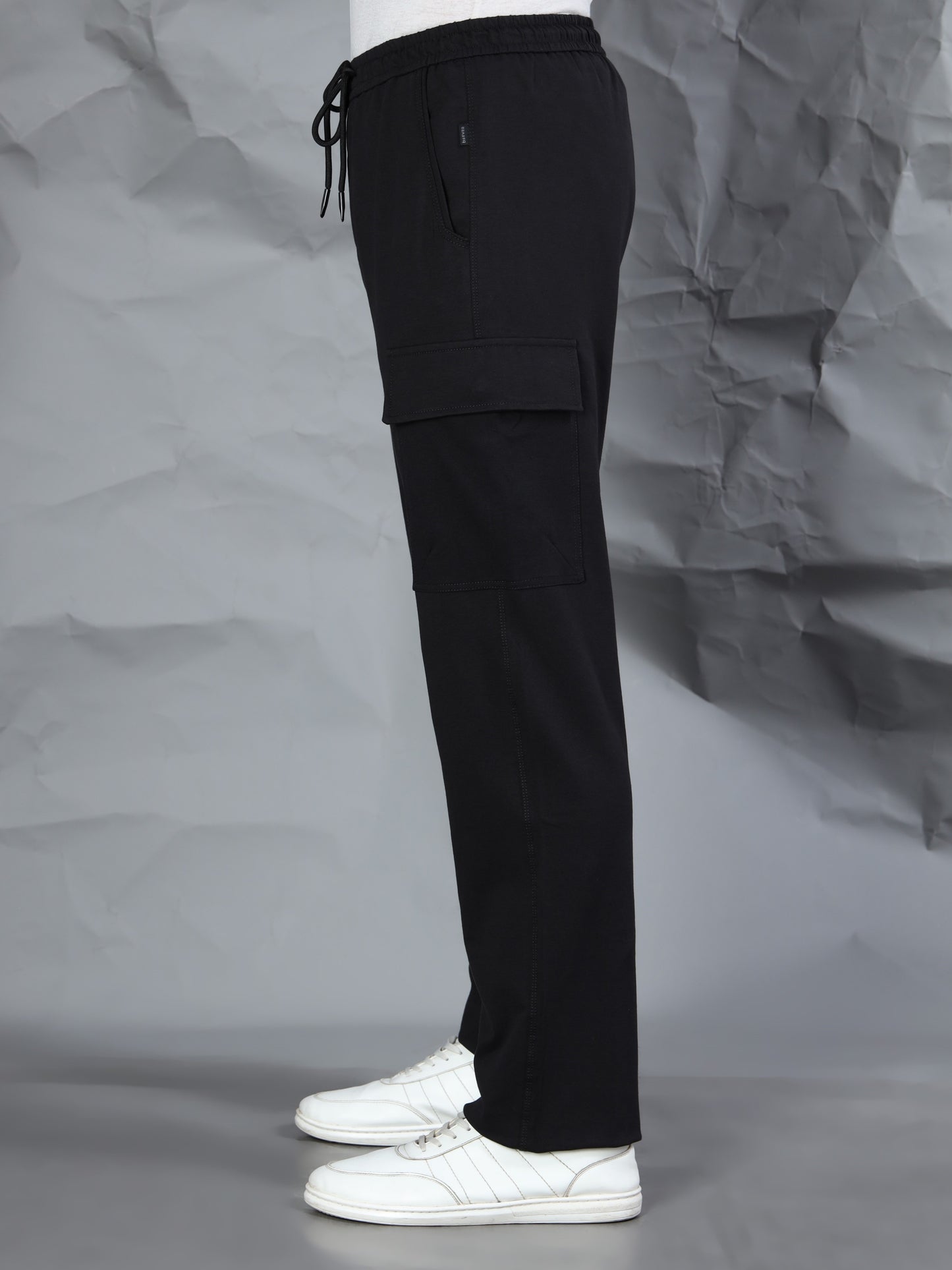 Black Stretchable Cargo Track Pant with Drawstring