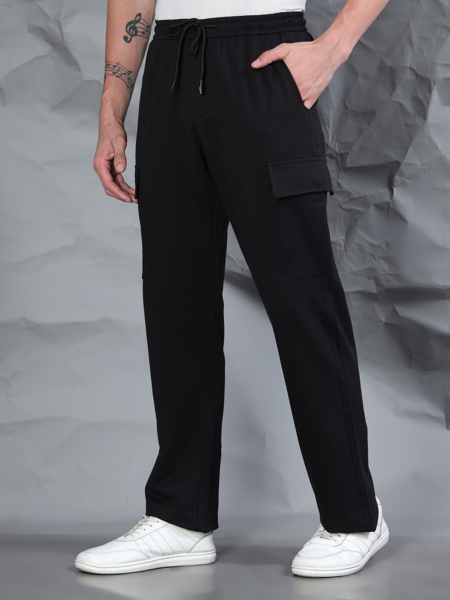 Black Stretchable Cargo Track Pant with Drawstring