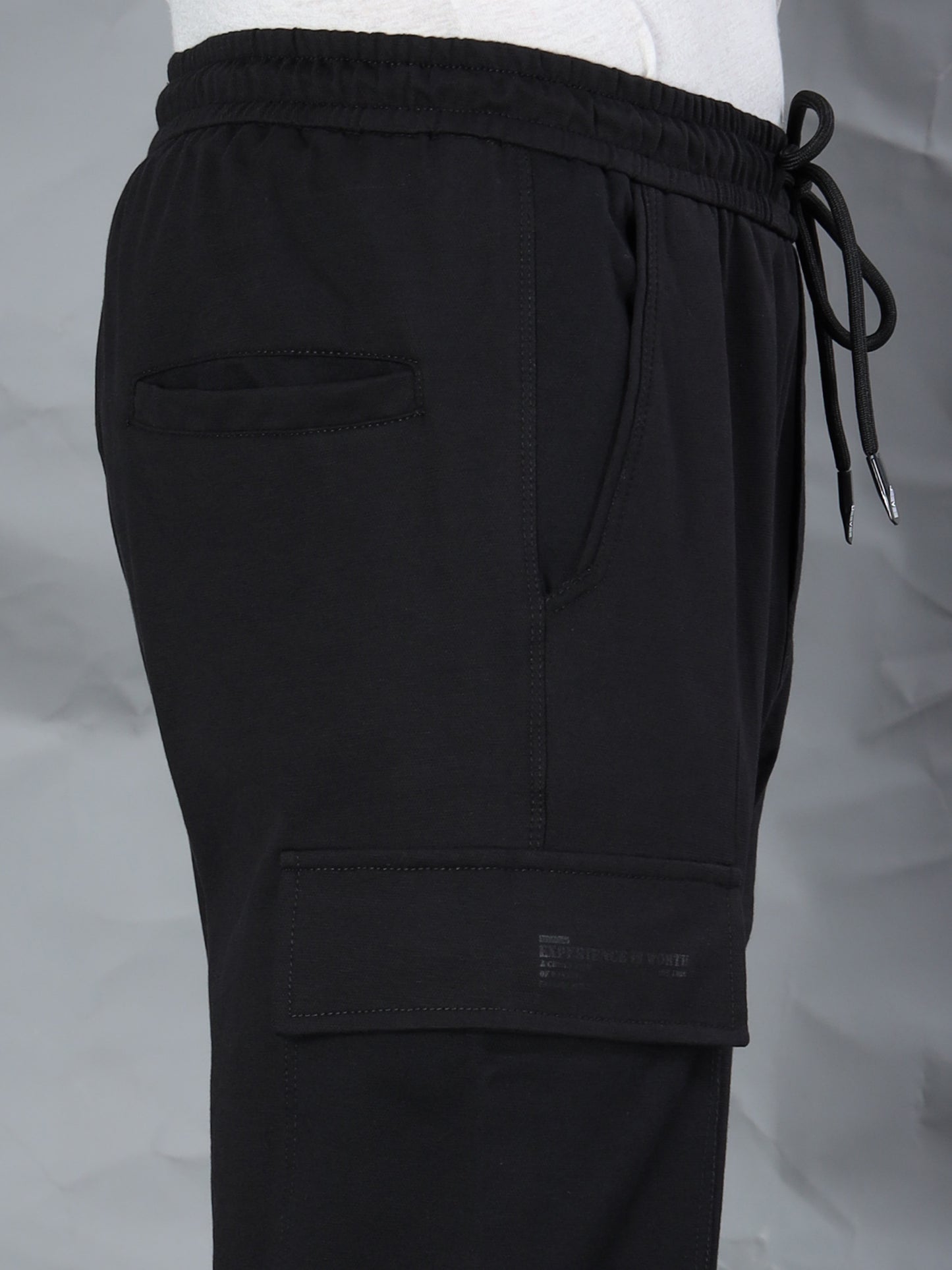 Black Stretchable Cargo Track Pant with Drawstring