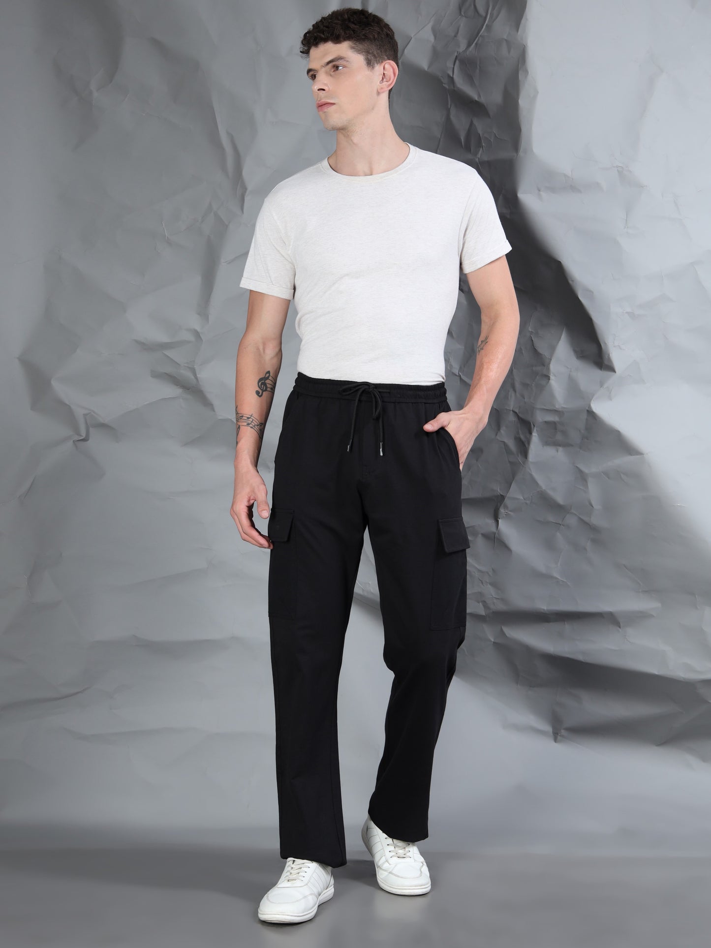 Black Stretchable Cargo Track Pant with Drawstring
