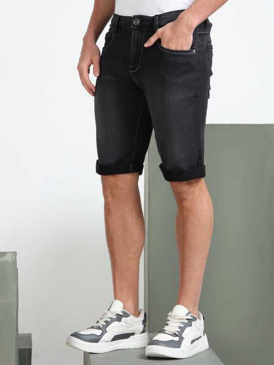 Men's Black Solid Cotton Lycra Mid-Rise Casual Shorts