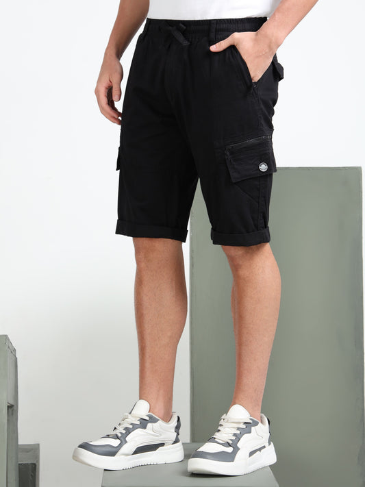Black Cotton Solid Shorts