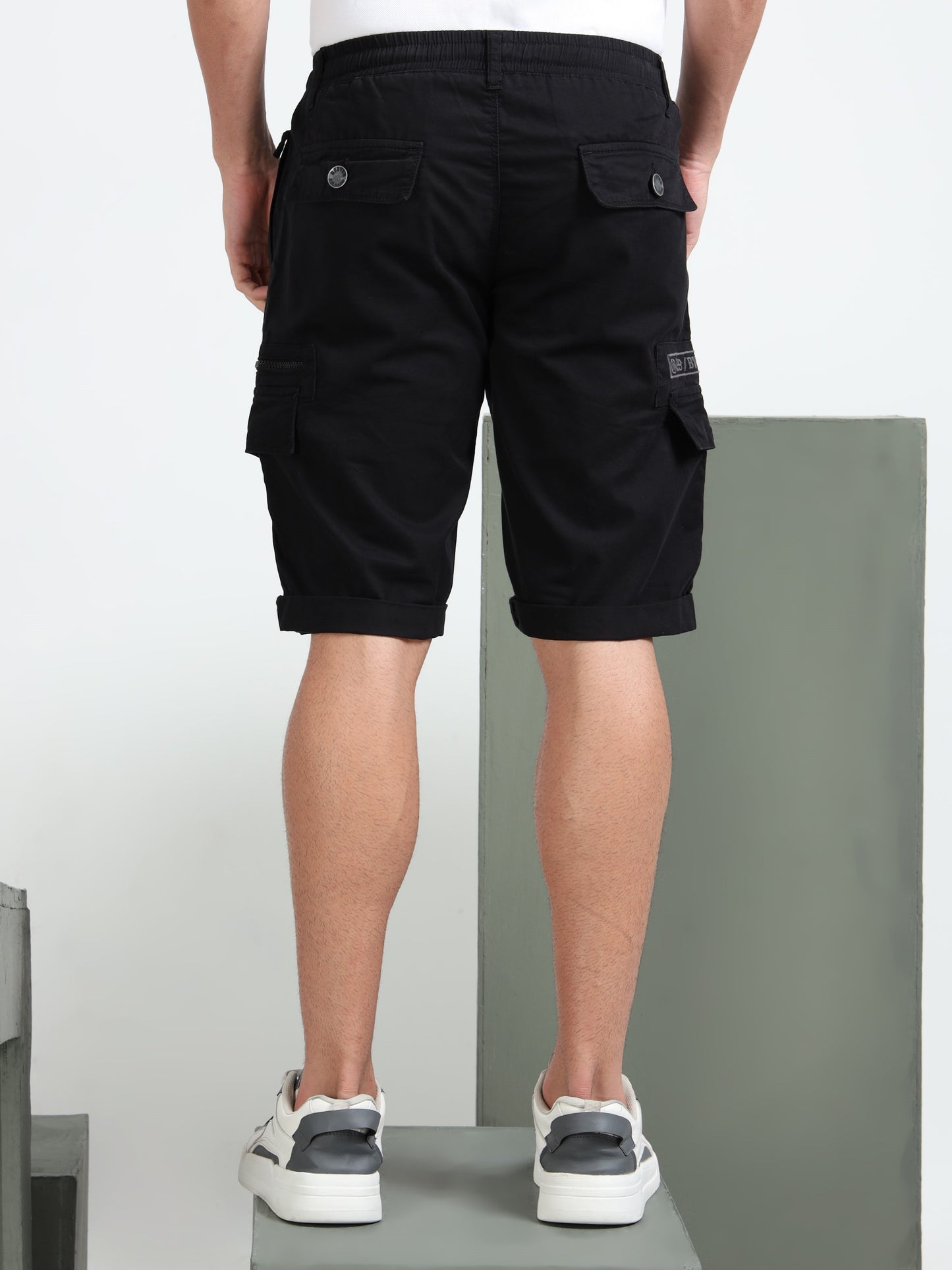 Black Cotton Solid Shorts