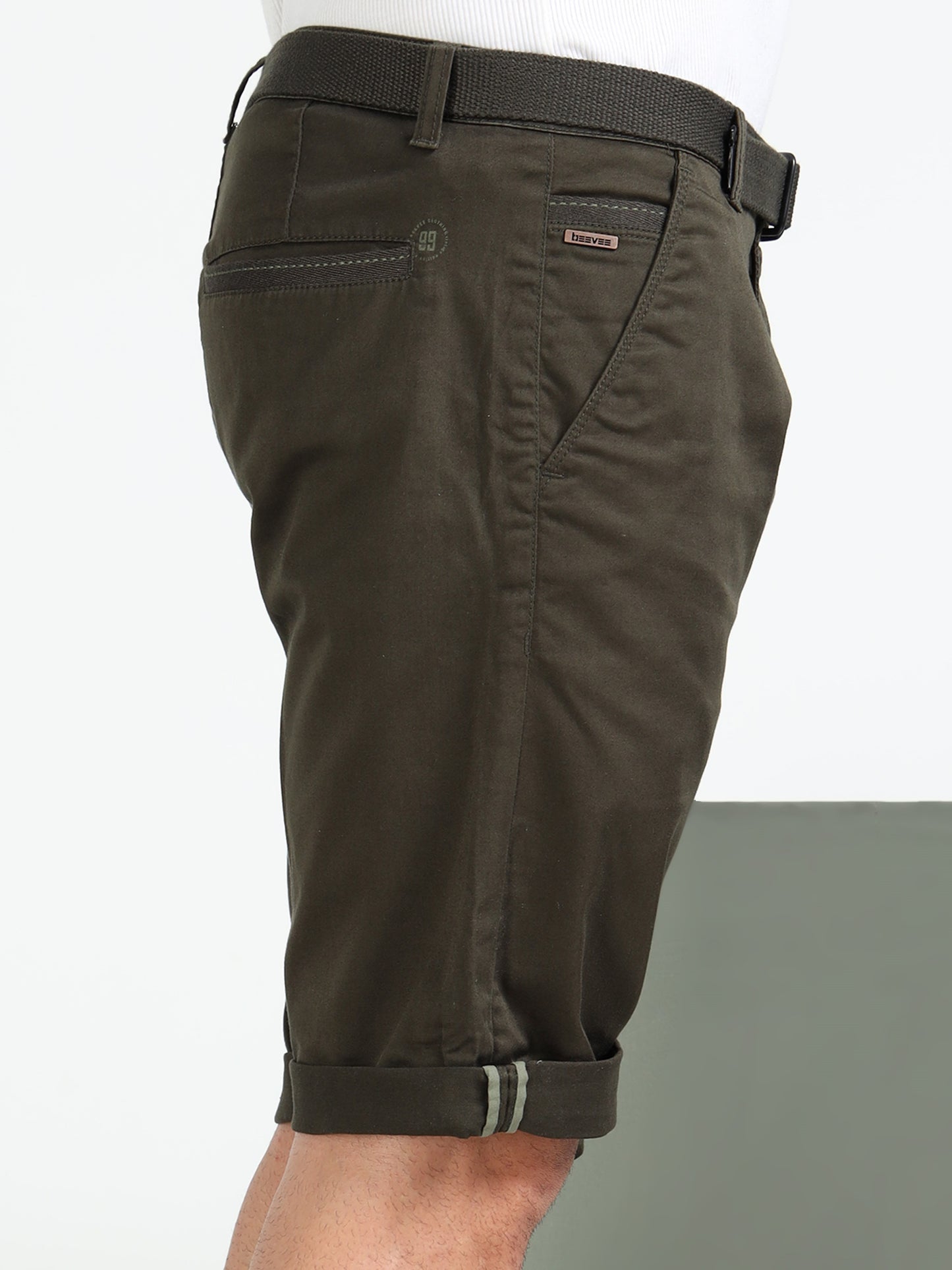 Men's Olive Solid Cotton Lycra Mid-Rise Casual Shorts