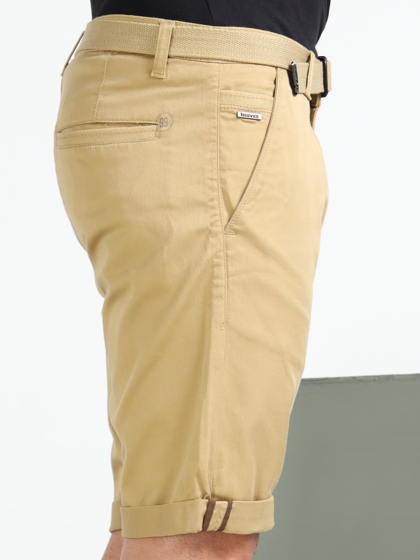 Men's Khaki Solid Cotton Lycra Mid-Rise Casual Shorts