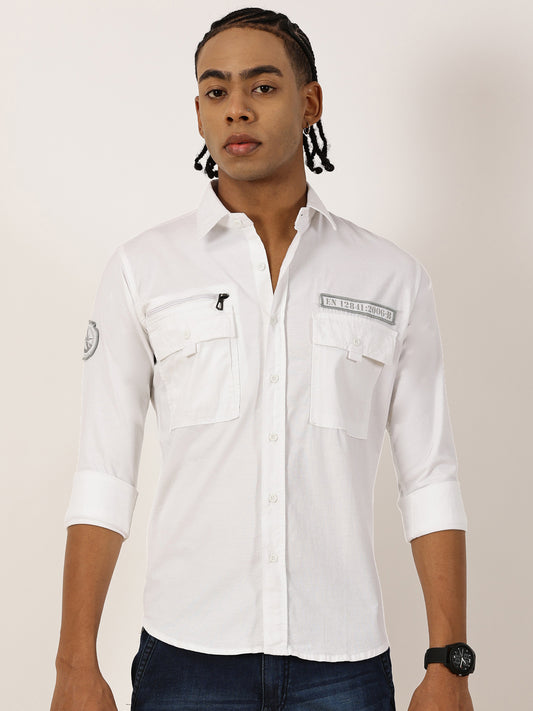 Zip Pocket Stretchable White Cargo Shirt