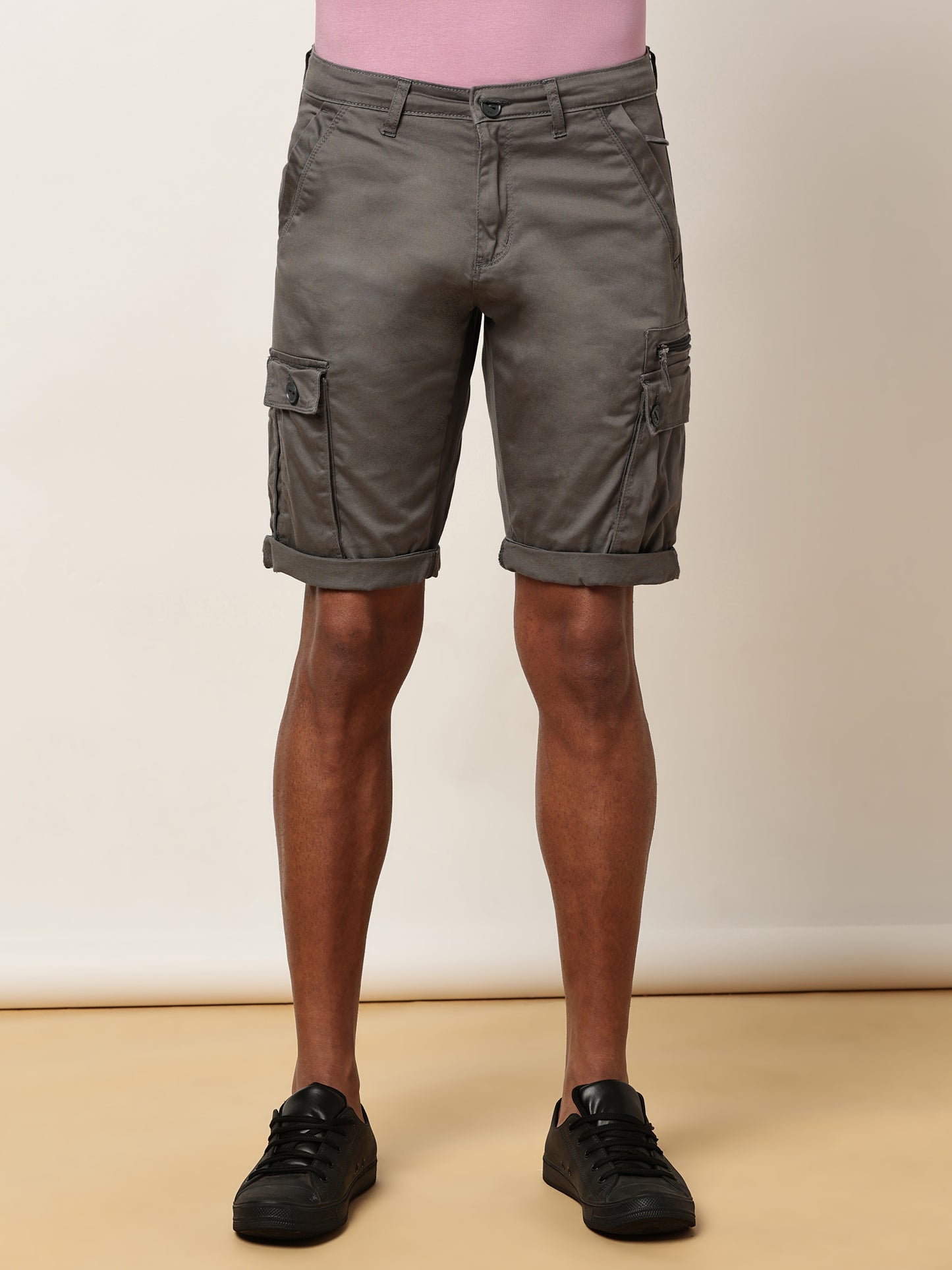 Multi Pocket Stretchable Grey Cargo Shorts