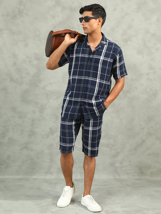 Checkered Navy Regular Fit Knee-Length Casual Co-ord Set