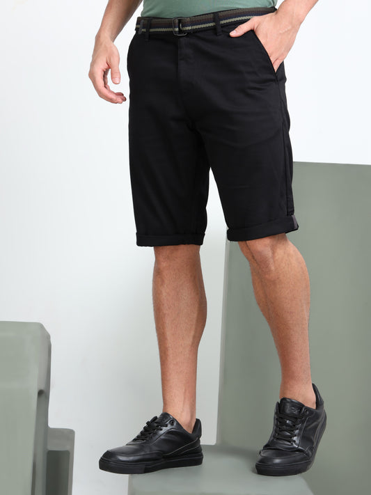 Solid Mid Rise Black Casual Shorts