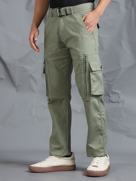 Cotton Lycra  Olive Mid Rise Cargo Pant with 8 Pockets