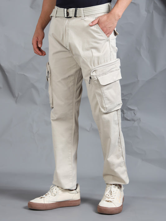 Cotton Lycra  Sand Mid Rise Cargo Pant with 8 Pockets