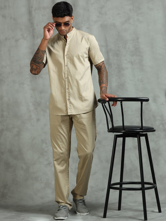 Beige Regular Fit Half Sleeve Solid Casual Co-ord Sets
