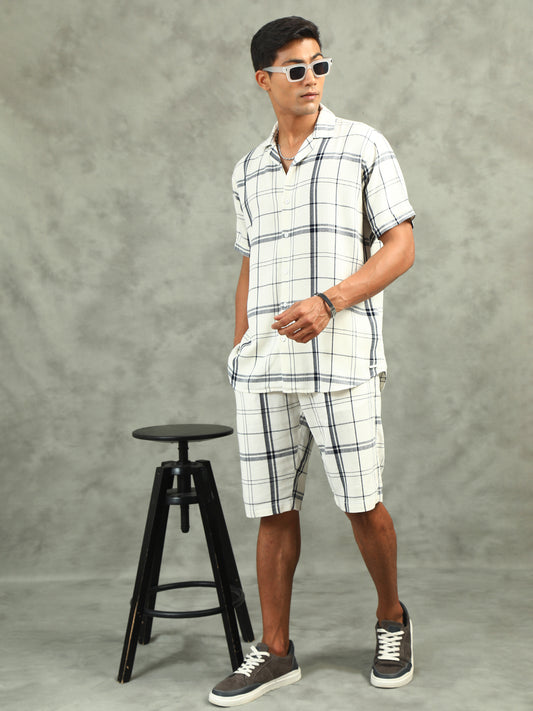 Checkered White Regular Fit Knee-Length Casual Co-ord Set