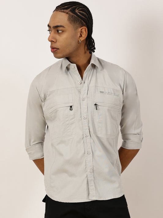 Multi Pocket with Zip Stretchable Light Grey Cargo Shirt