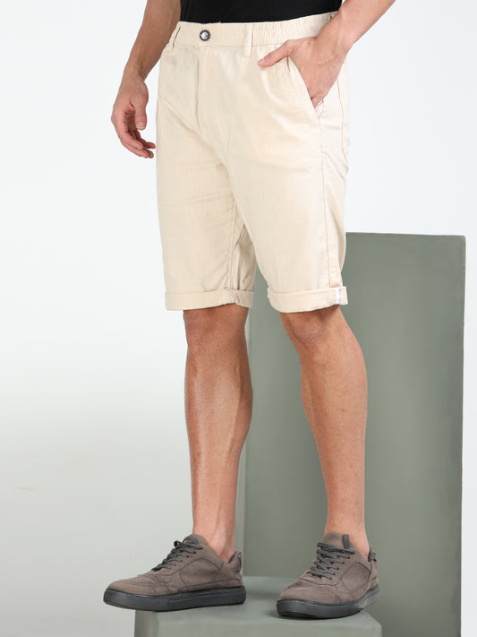 Beige Cotton Lycra Solid Shorts