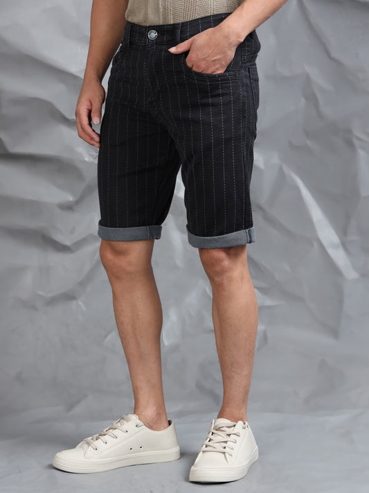 Black Striped Cotton Blend Denim Shorts