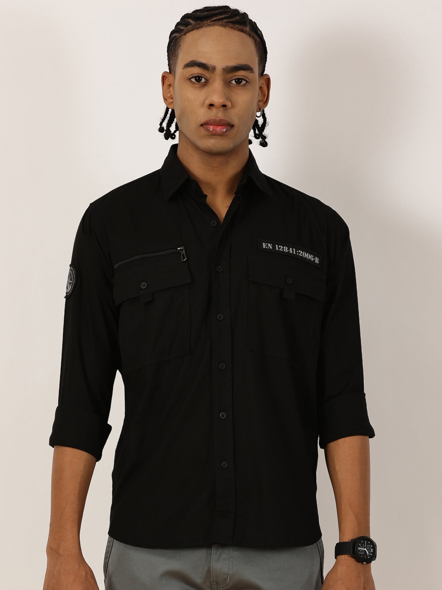 Zip Pocket Stretchable Black Cargo Shirt